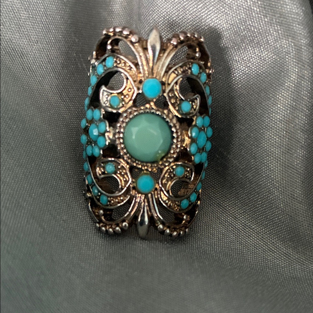 Vintage Turquoise Silver-tone Filigree Statement Ring